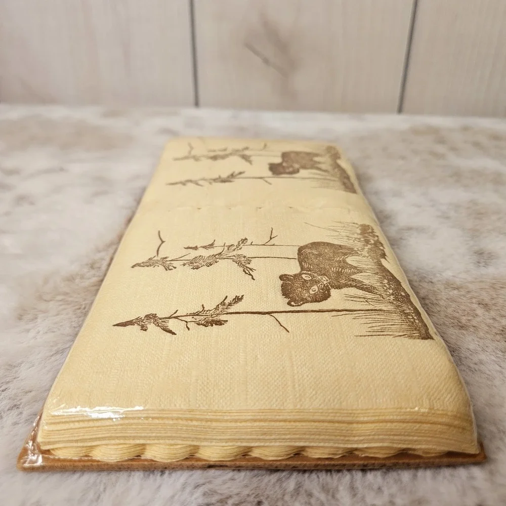Vintage Cream Brown Bear Pine Forest Rustic Paper Guest‎ Napkins Cabin